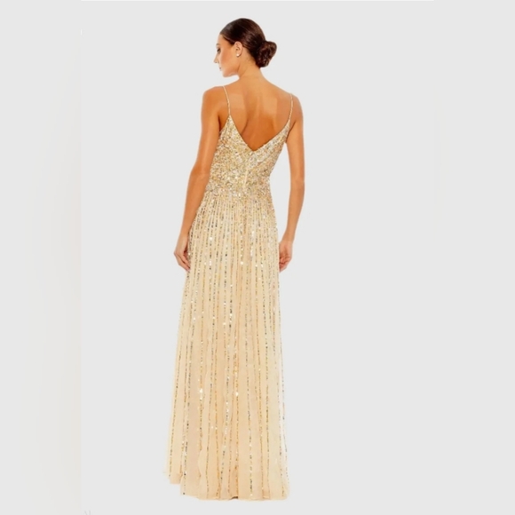 Beige Sequined Sleeveless Wrap Over A Line Gown - Picture 4 of 6